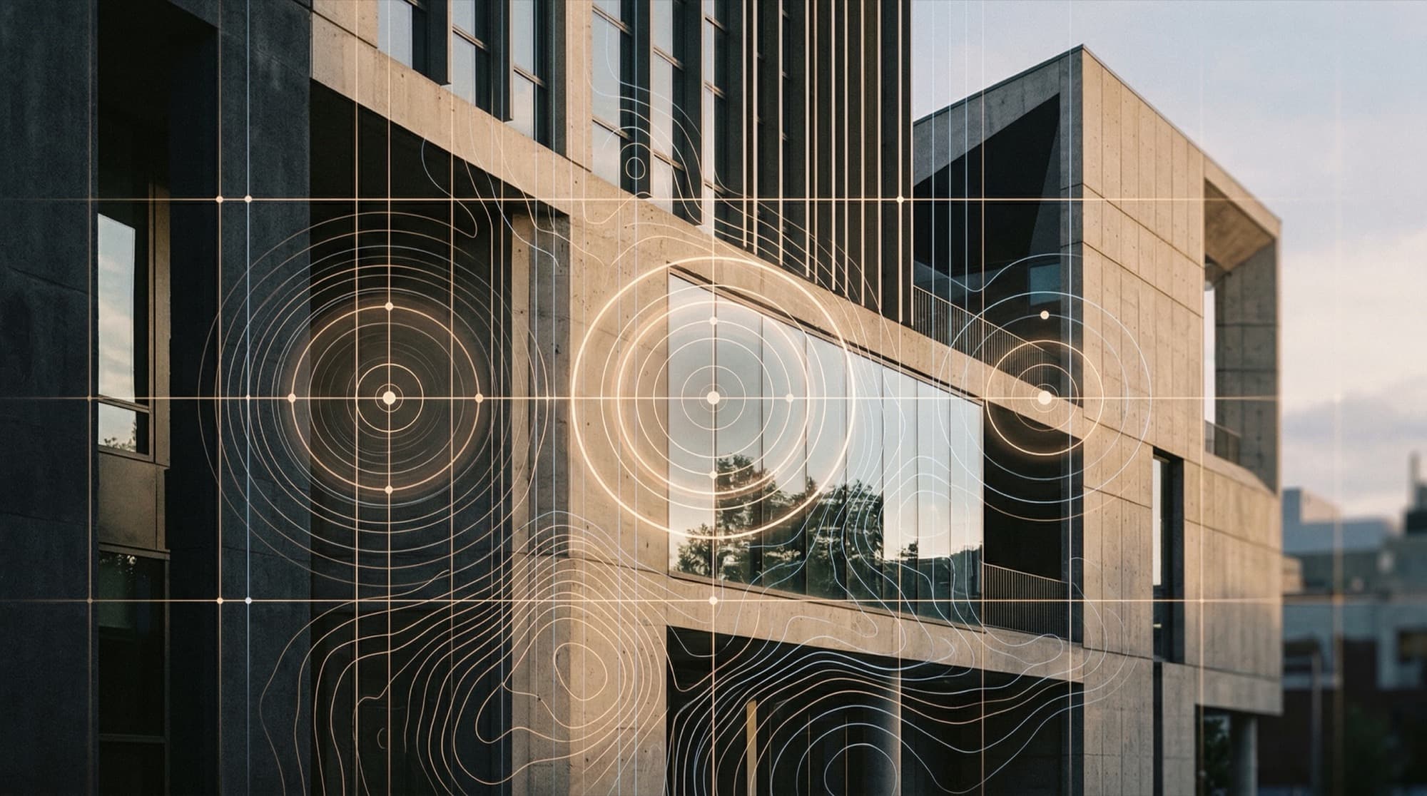 A building facade with measurement contours drawn over it.